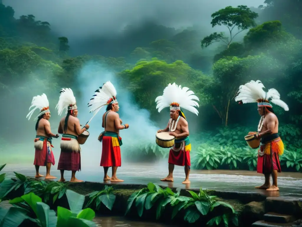 Sacred Mayan rain dance ritual with elders adorned in traditional attire invoking lifegiving rains