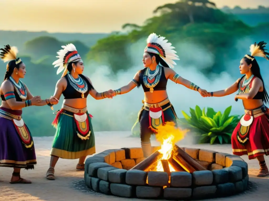 Ritual de danzas tradicionales mayas al amanecer, con trajes vibrantes y plumas, en círculo alrededor del fuego sagrado