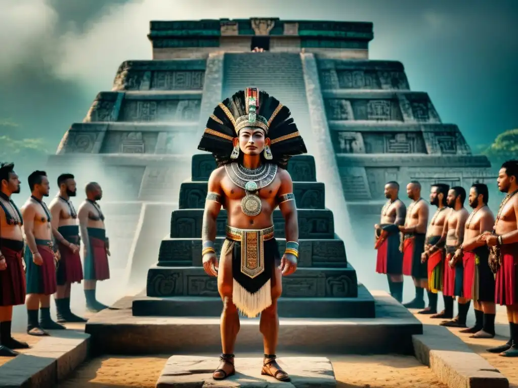 Ritual maya de autosacrificio: el poderoso rey en la pirámide Ritual maya de autosacrificio: un gobernante en atuendo ceremonial, listo para el ritual en una pirámide