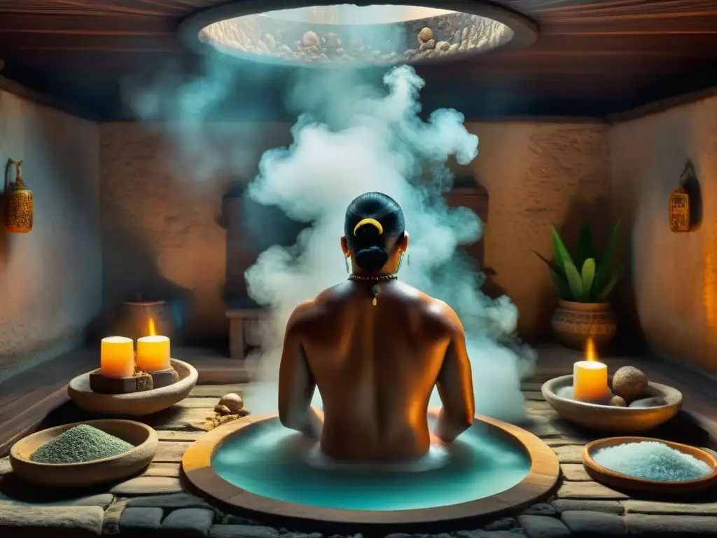 Un ritual maya en baños de vapor, con participantes envueltos en humo, símbolos mayas y elementos ceremoniales