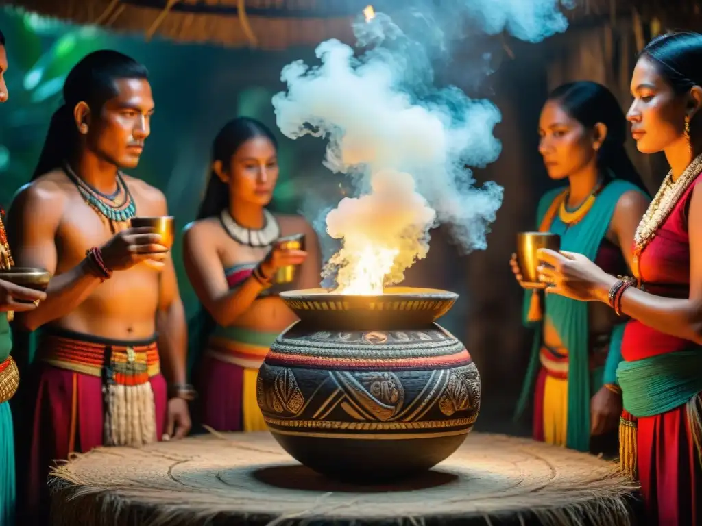 Ritual maya con bebida ceremonial a base de maíz en ambiente tradicional iluminado por antorchas