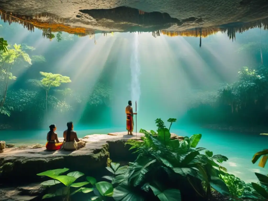 Ritual maya en cenote con chaman y aluxes, espíritus guardianes naturaleza maya