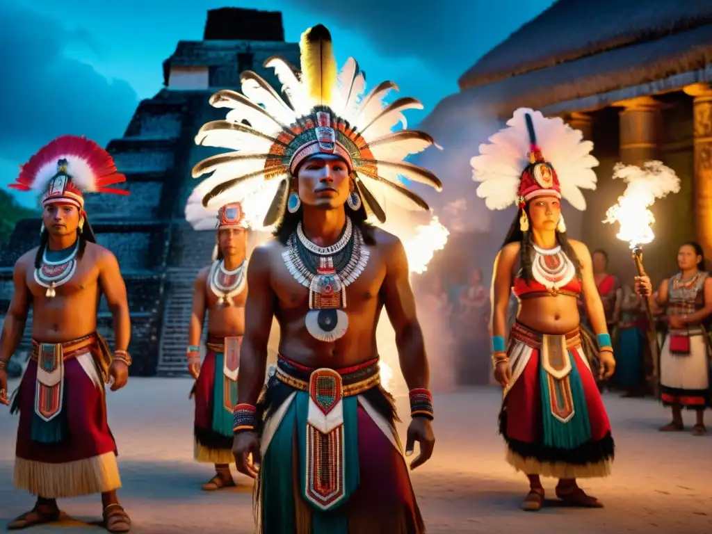 Un ritual maya de danza en un templo antiguo iluminado por antorchas, evocando misticismo y cultura rica