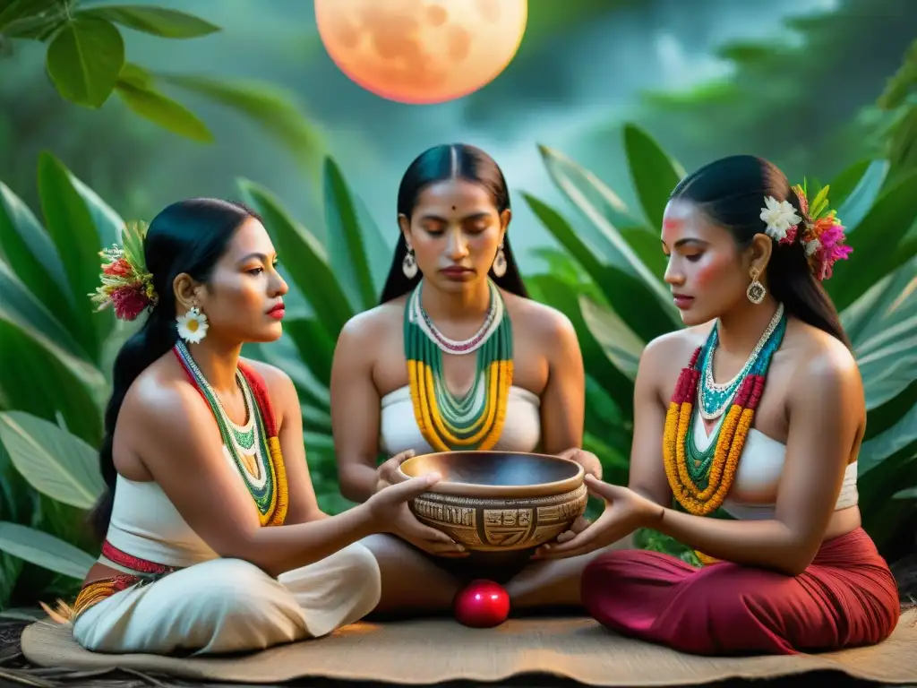 Un ritual maya de fertilidad y conexión lunar entre mujeres, rodeadas de exuberante vegetación, en la luz de la luna llena