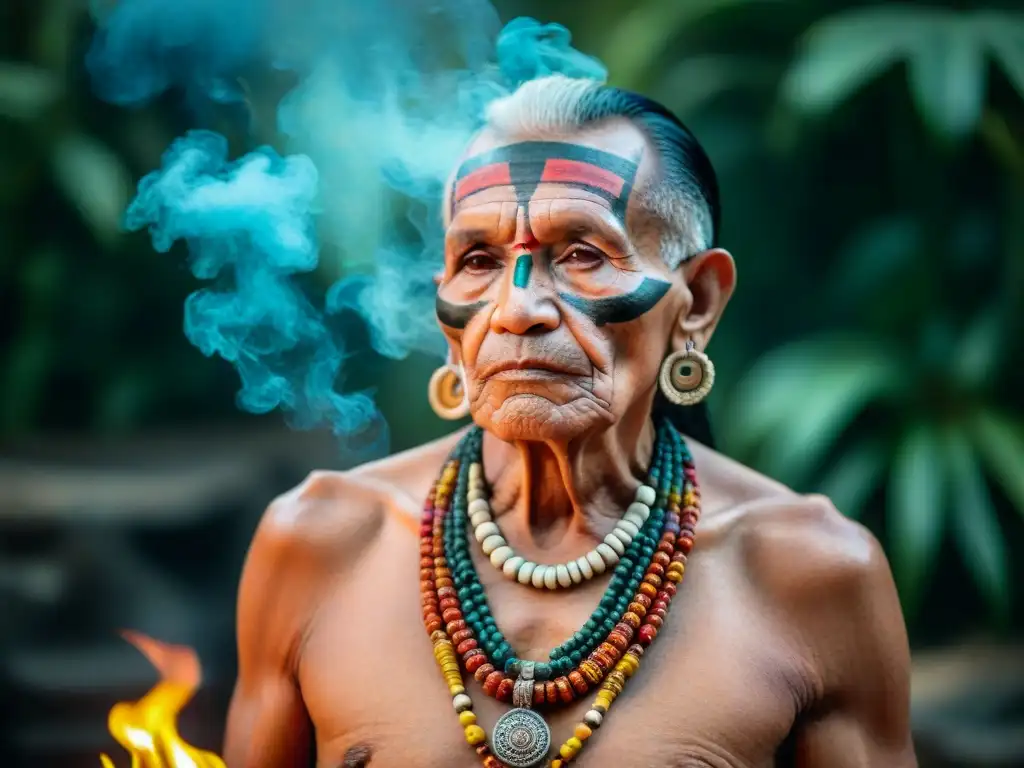 Ritual maya de fortalecimiento mental y emocional con incienso de copal y textiles ceremoniales coloridos, en la selva