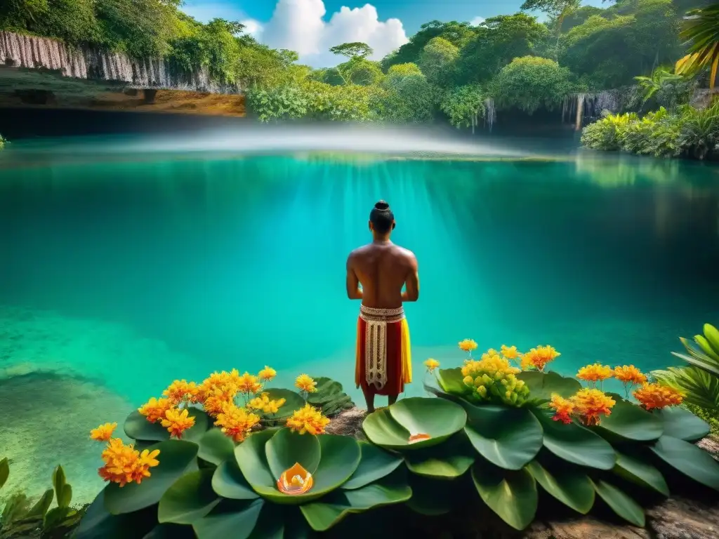 Ritual maya junto a cenote, con sacerdotes y ofrendas de flores y frutas