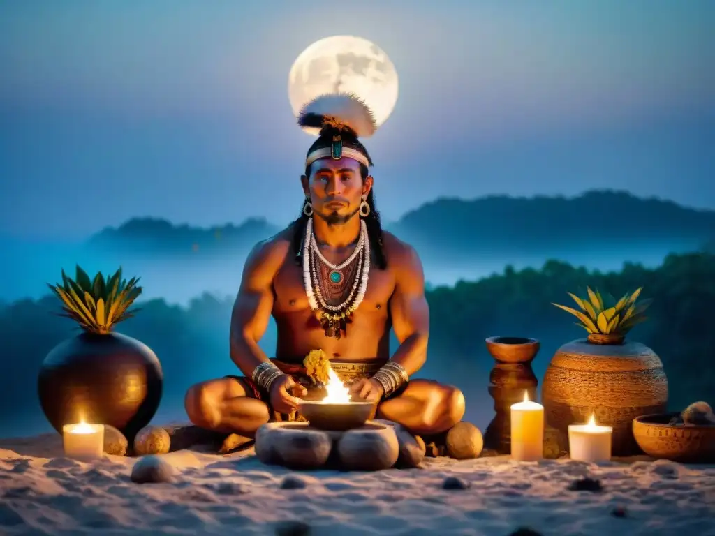 Un ritual maya con luna: un chamán en un mágico escenario nocturno, rodeado de símbolos, hierbas y velas, fusionando espiritualidad y naturaleza