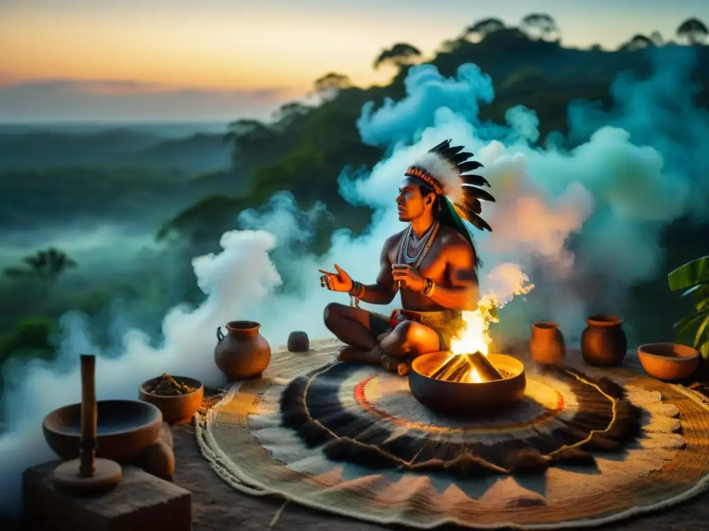 Un ritual Maya al amanecer: el chamán invoca el mundo invisible entre el humo de copal, en la selva neblinosa