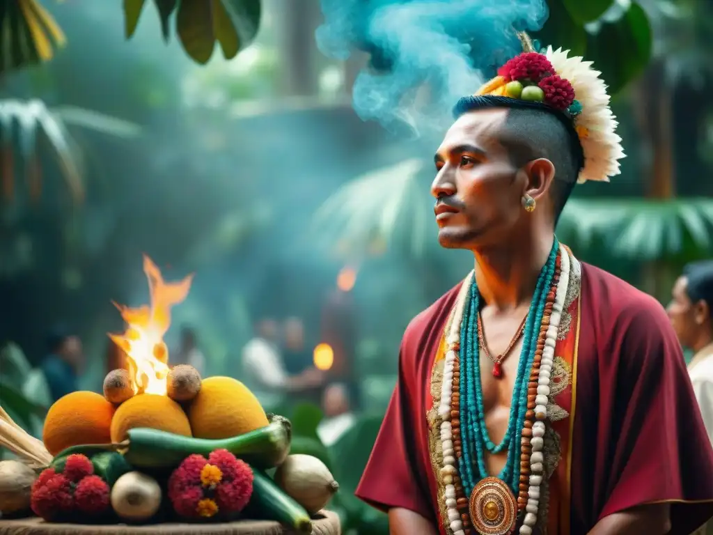 Un ritual maya sagrado con ofrendas de alimentos y ceremonias en la selva