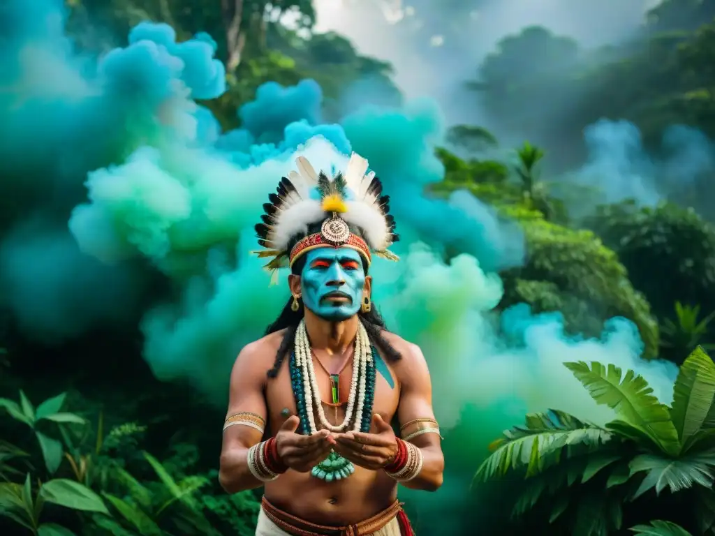 Ritual maya de purificación en la selva: un chaman maya realiza un antiguo rito rodeado de humo de copal y verdor exuberante