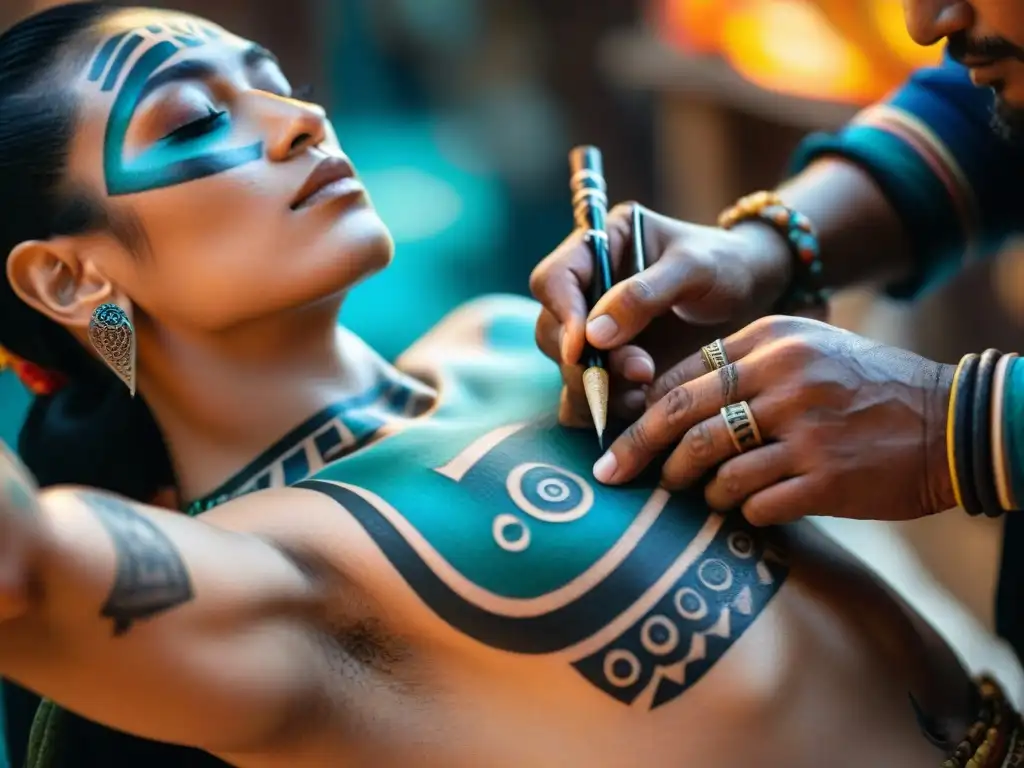 Un ritual maya de tatuajes: el chamán recibe un tatuaje cósmico con símbolos sagrados y pigmentos naturales vibrantes