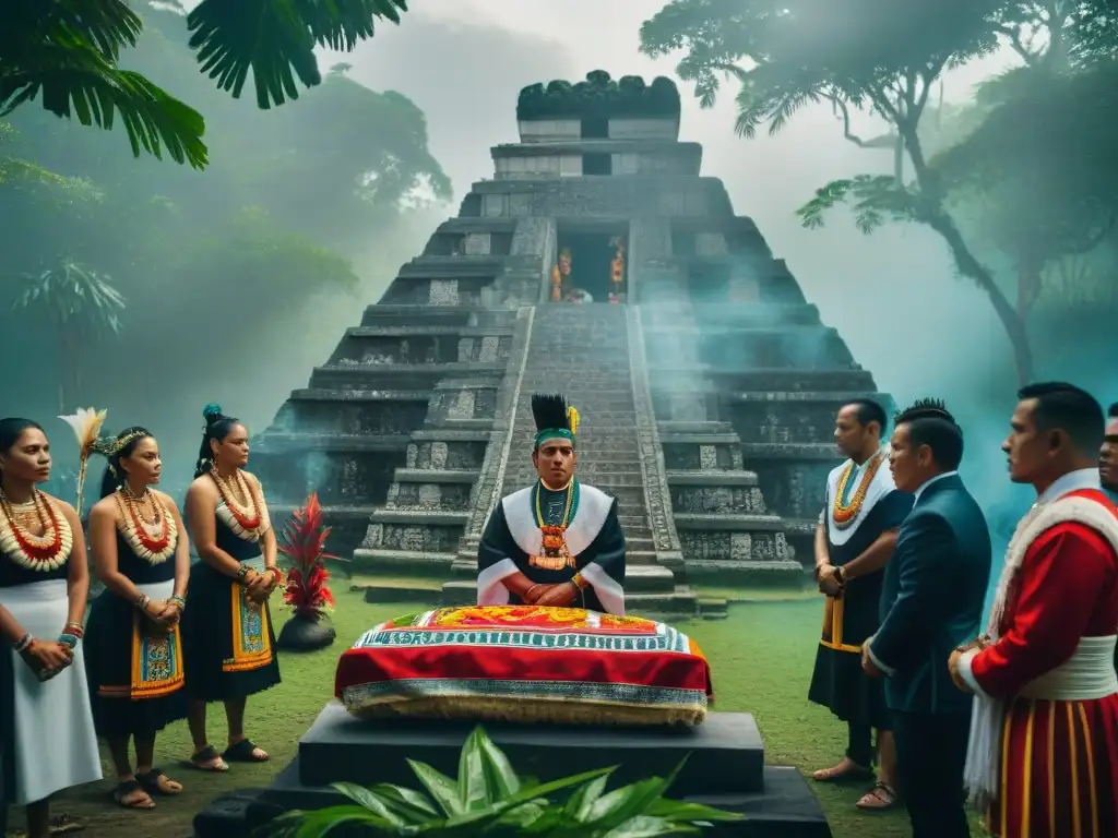 Un ritual de sacrificio funerario maya contemporáneo en un templo vibrante rodeado de exuberante vegetación selvática