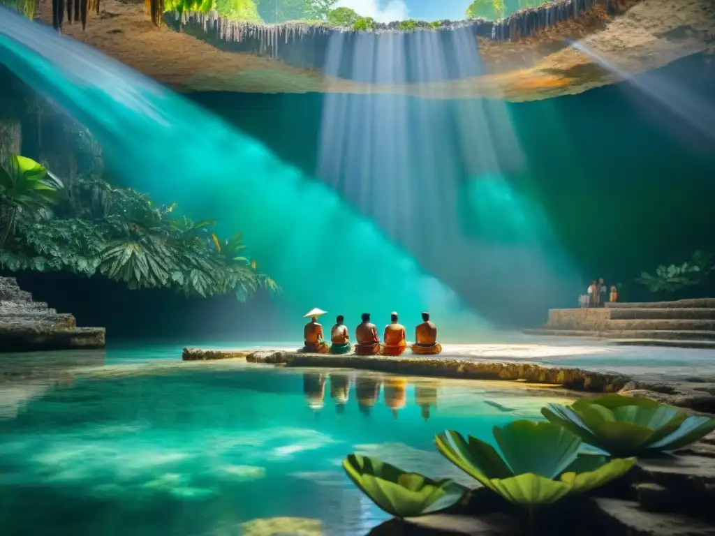 Mayan elders en ritual sagrado junto a cenote, reflejando colores vibrantes