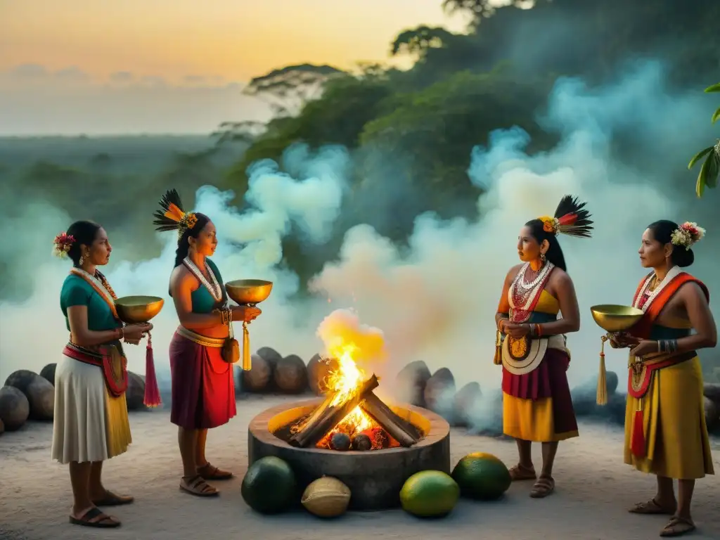 Rituales de agradecimiento cultura maya: Ceremonia maya al amanecer en la selva, con fuego ceremonial y ofrendas de frutas y flores