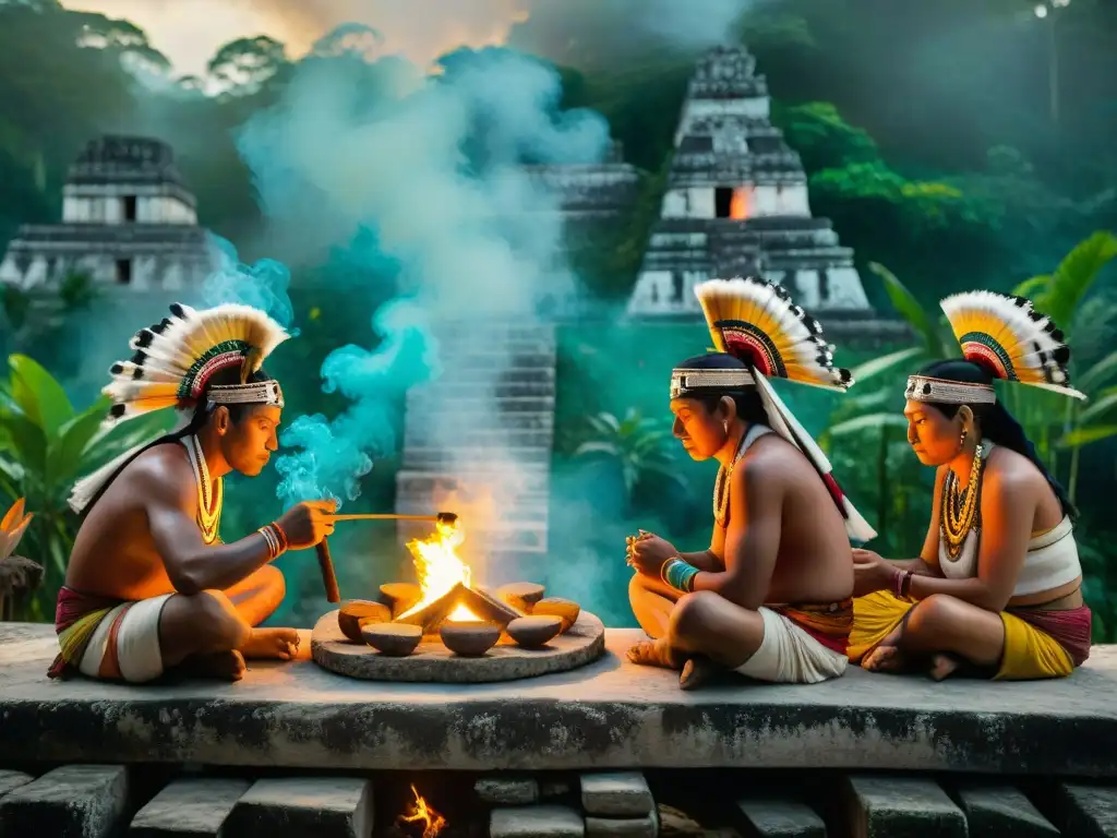 Rituales de agradecimiento cultura maya: Ceremonia ancestral en la selva con ancianos mayas en atuendos vibrantes