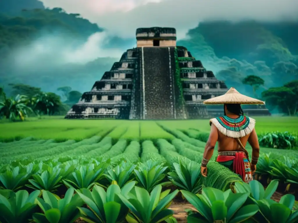 Rituales agrícolas de la civilización maya: agricultores mayas plantando semillas en un campo fértil, con ruinas mayas y exuberante vegetación