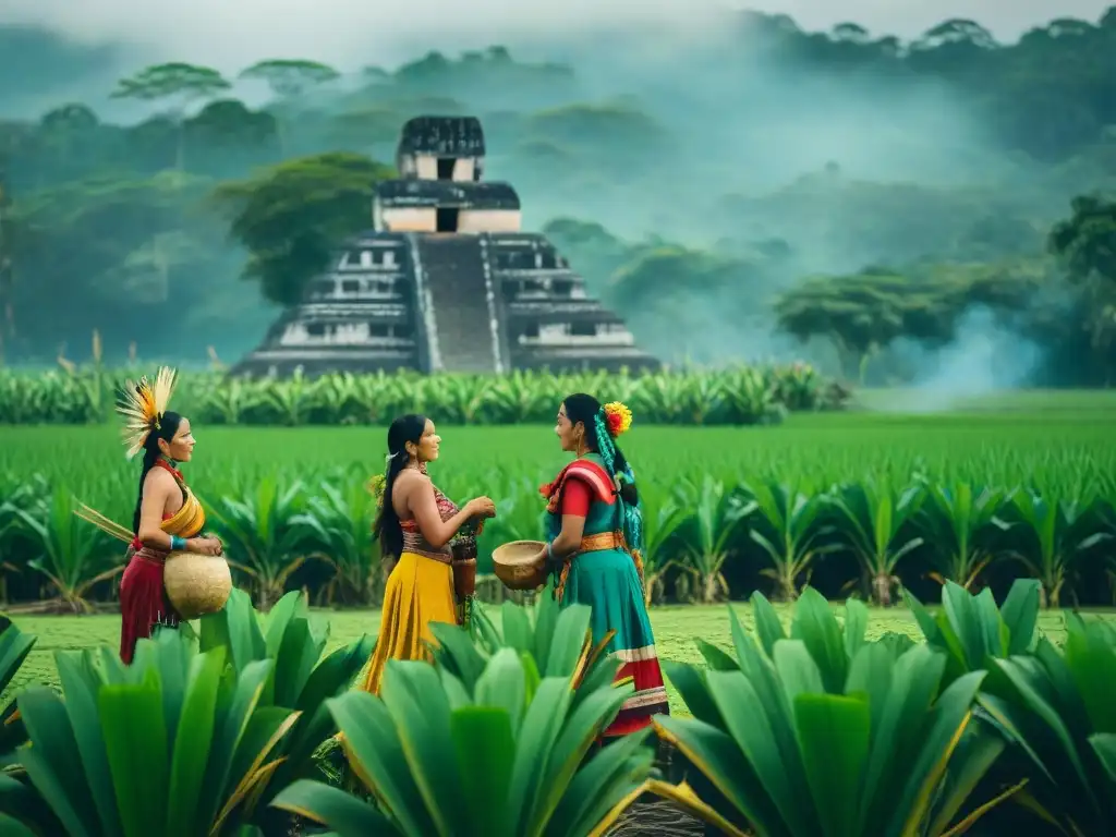 Rituales agrícolas mayas en la naturaleza: agricultores en un campo de maíz con vestimenta tradicional y rituales sagrados