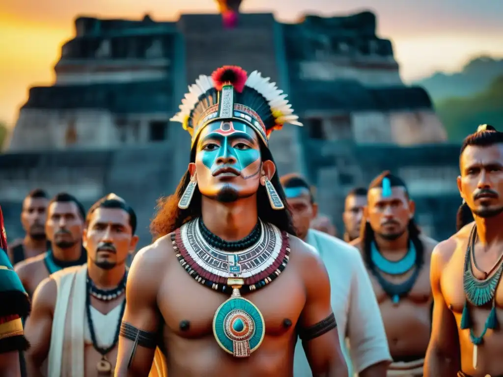 Ritual maya contemporáneo: altares, sacrificios y tradición Rituales de autosacrificio en mayas: Altares sagrados, sacerdote maya con cuchillo de obsidiana frente a ruinas antiguas al atardecer