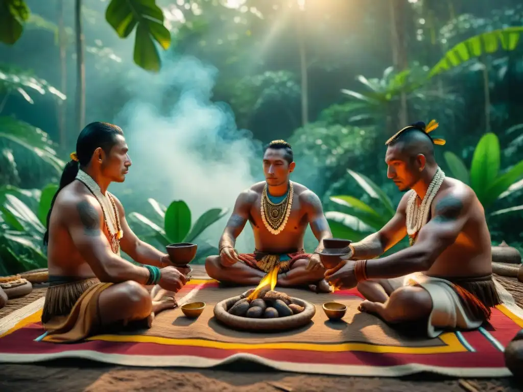 Rituales del cacao en Maya: Ancianos mayas preparan cacao al amanecer en la selva, bajo una vibrante salida de sol dorada