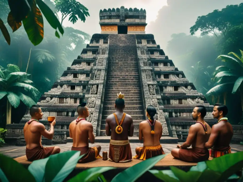 Rituales del cacao en Maya: Antiguo templo maya cubierto de tallados, rodeado de árboles de cacao, con sacerdotes realizando ceremonia