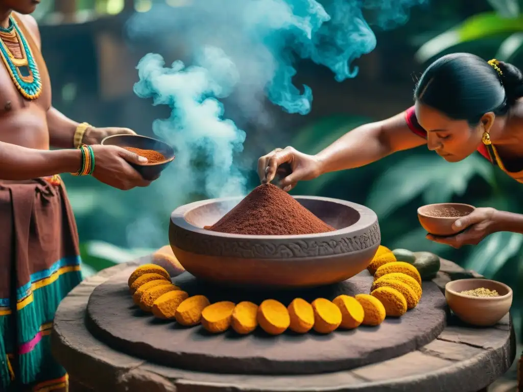 Rituales del cacao en Maya: Ceremonia ancestral con ancianos mayas preparando y sirviendo cacao entre ruinas antiguas y exuberante vegetación