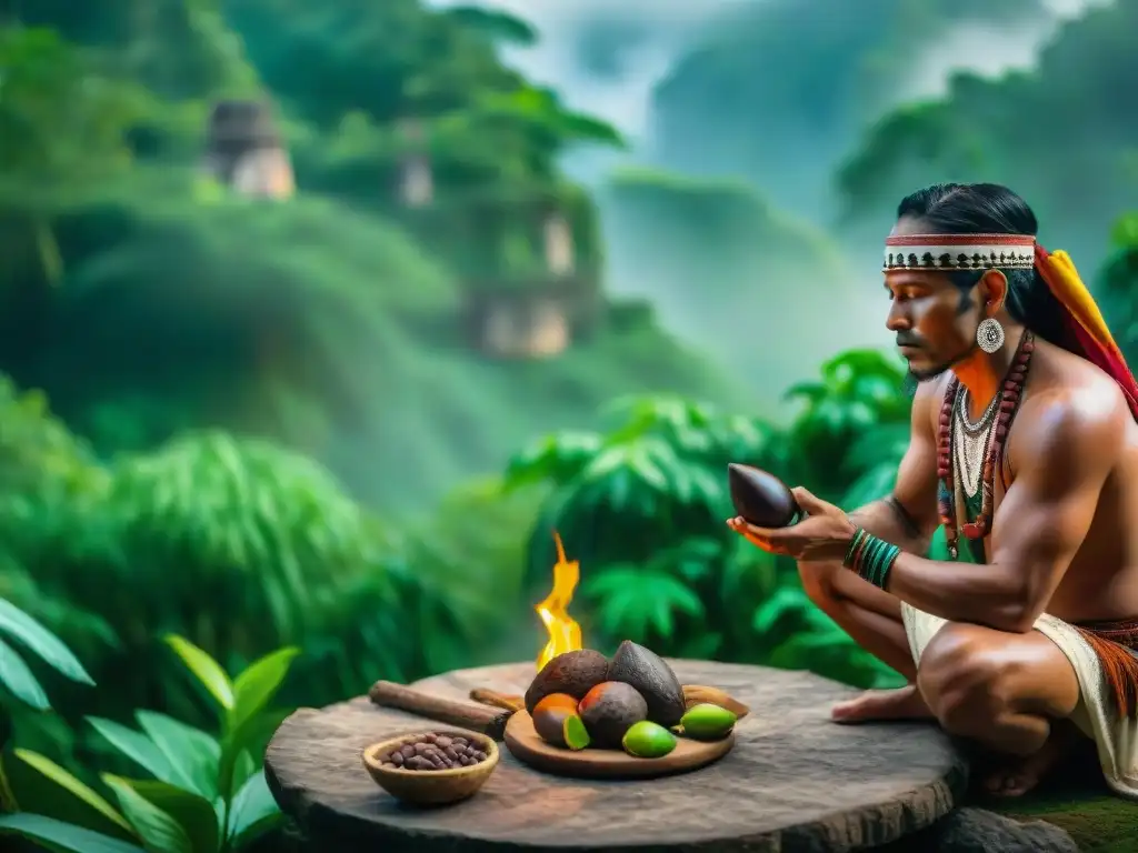 Rituales del cacao en Maya: Un chamán maya realiza un ritual de cacao en la selva, rodeado de vegetación exuberante y ruinas antiguas