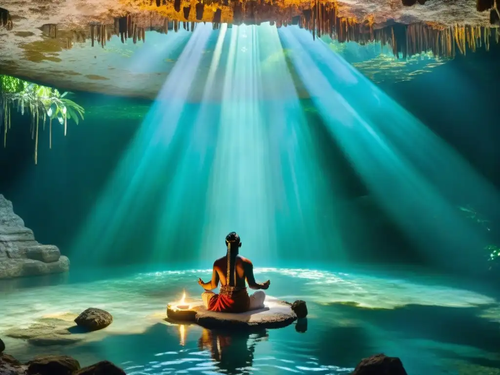 Rituales de purificación en cenotes: Un chamán maya realiza un ritual en un cenote, rodeado de vegetación exuberante y luz mística