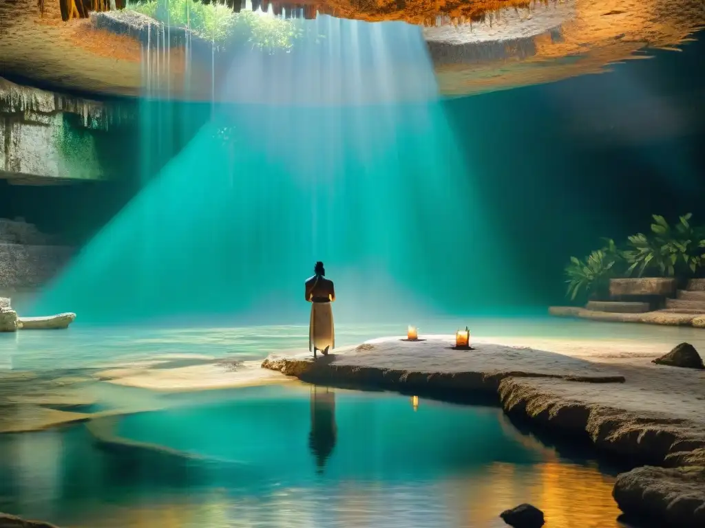 Rituales de purificación en cenotes: Shamans mayas realizan ceremonia en cenote, creando atmósfera mística y reverente