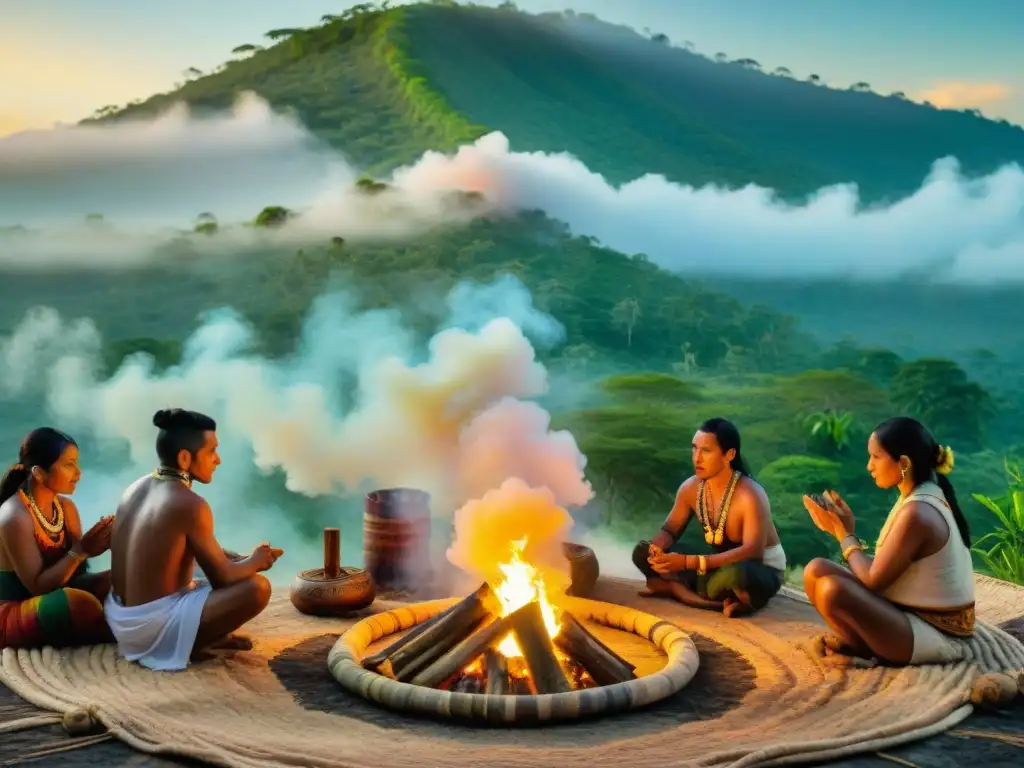 Rituales de purificación en comunidad: Un grupo maya realiza un ritual al amanecer, rodeado de copal y naturaleza exuberante