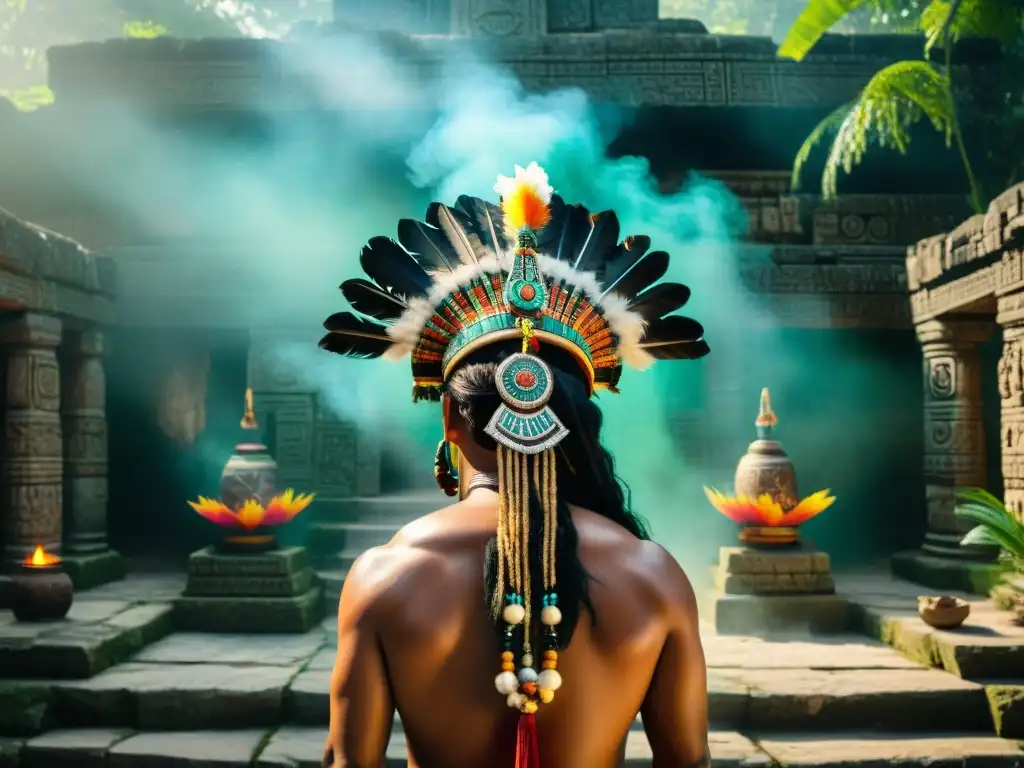 Rituales espirituales mayas en antiguas ruinas con chamanes, textiles coloridos y naturaleza exuberante