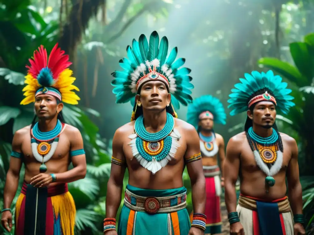 Rituales espirituales mayas: ceremonia ancestral en la selva con vibrantes colores y energía mística