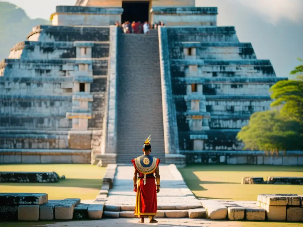 Rituales espirituales mayas tradicionales en el templo de Kukulcán al amanecer