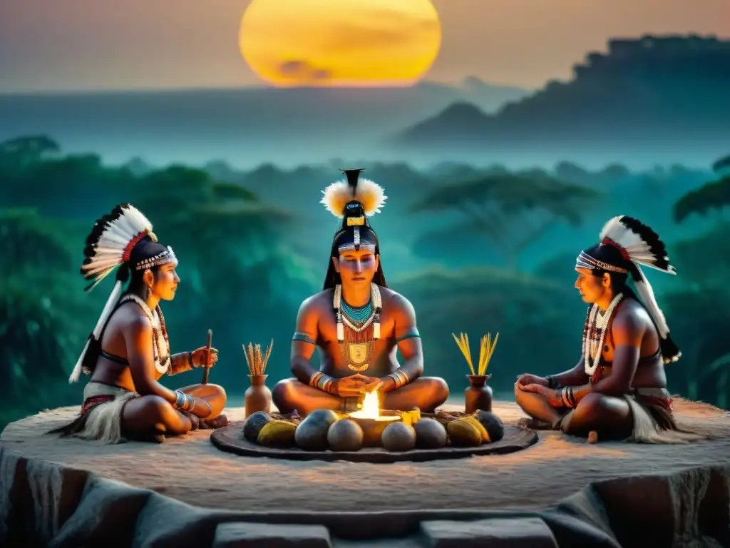 Rituales de fertilidad en la civilización Maya: chamanes en un claro iluminado por la luna llena, entre ruinas antiguas y plantas sagradas