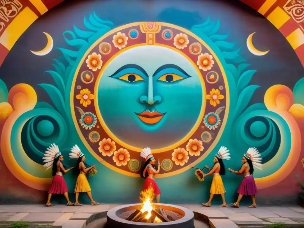 Rituales de fertilidad de la civilización Maya representados en un mural detallado de una escena vibrante bajo la luna llena