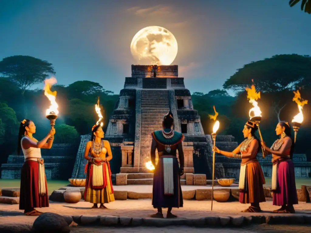 Rituales de fertilidad en civilización Maya: sacerdotisas realizan ceremonia nocturna en templo iluminado por la luna