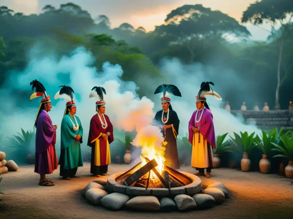 Rituales funerarios en la civilización maya: ceremonia ancestral en la selva con chamanes, fuego y ruinas antiguas