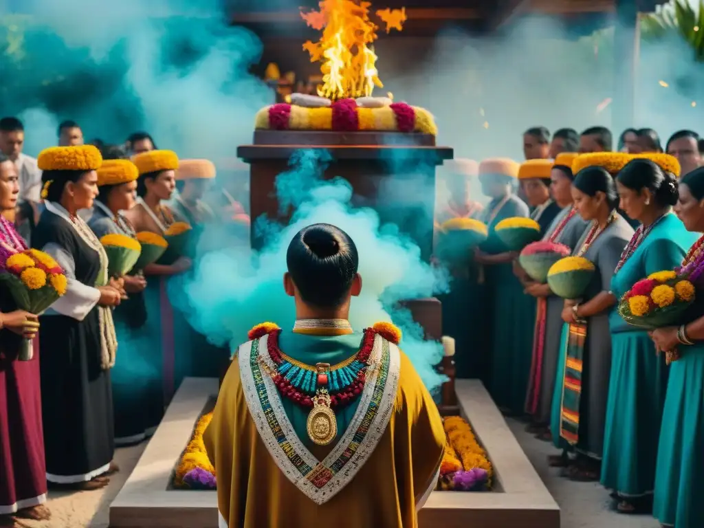 Rituales funerarios de la civilización maya: Comunidad contemporánea reunida alrededor de un altar vibrante durante un ritual