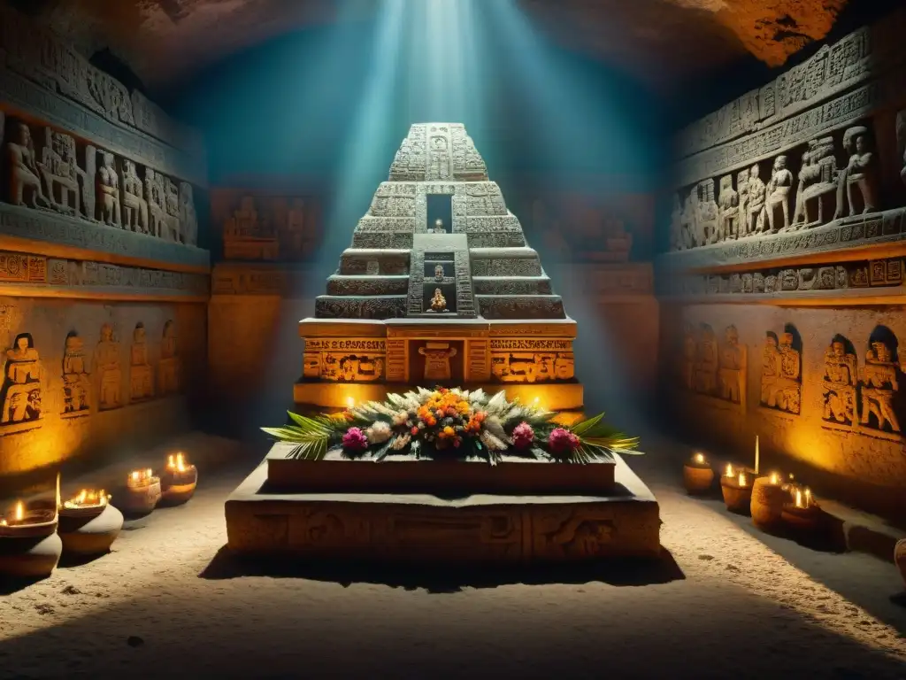 Rituales funerarios mayas: cámara adornada con esculturas y cerámicas, escenario misterioso y solemne