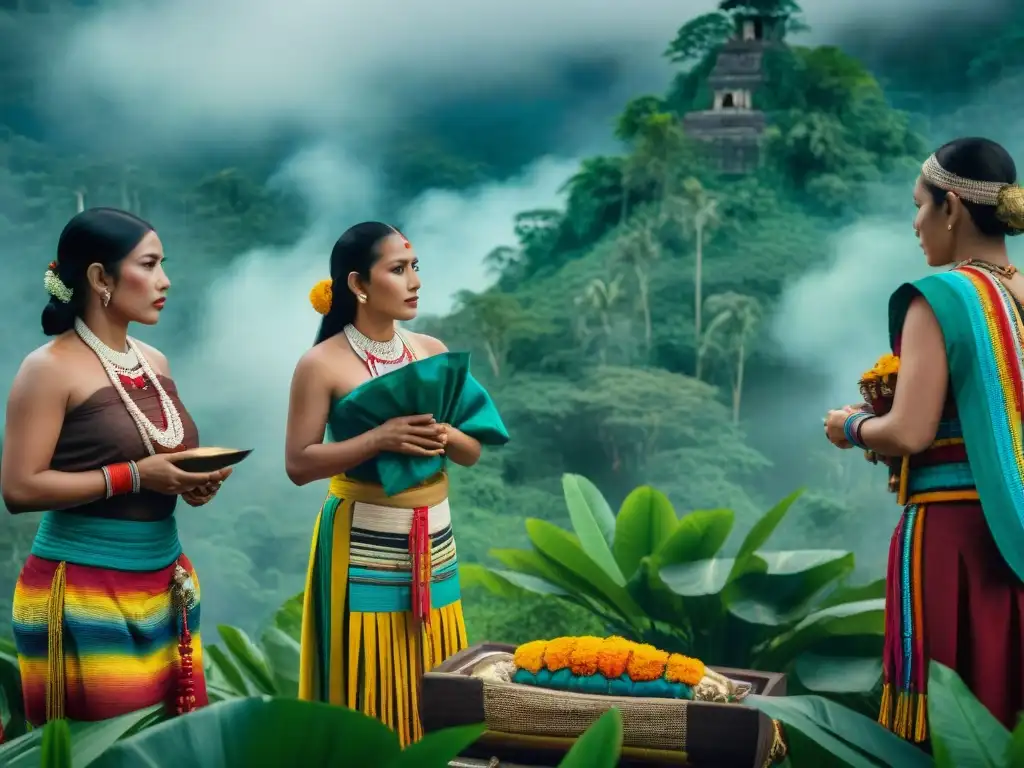 Rituales funerarios mayas: modernos individuos en atuendo tradicional, solemnemente comprometidos en una ceremonia sagrada en la selva