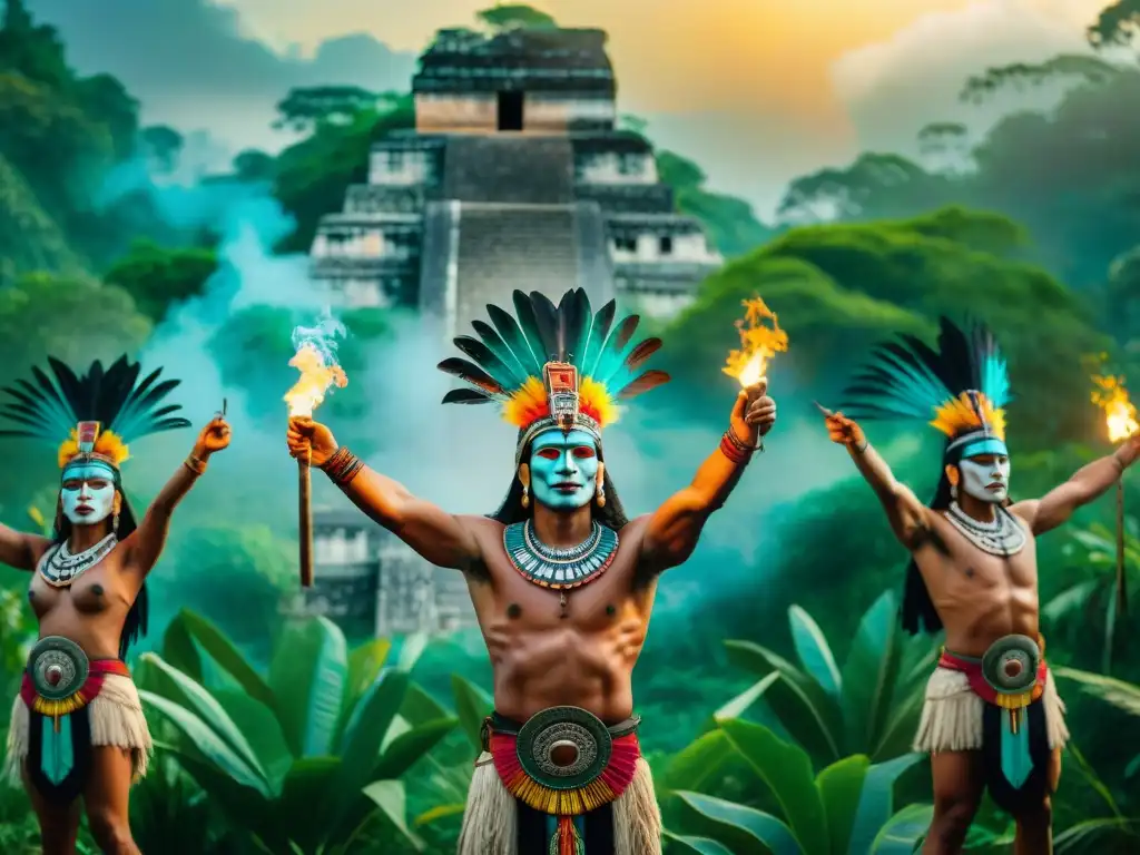 Rituales de guerra maya: Guerreros mayas en ritual postbatalla en la selva, lleno de historia y misticismo