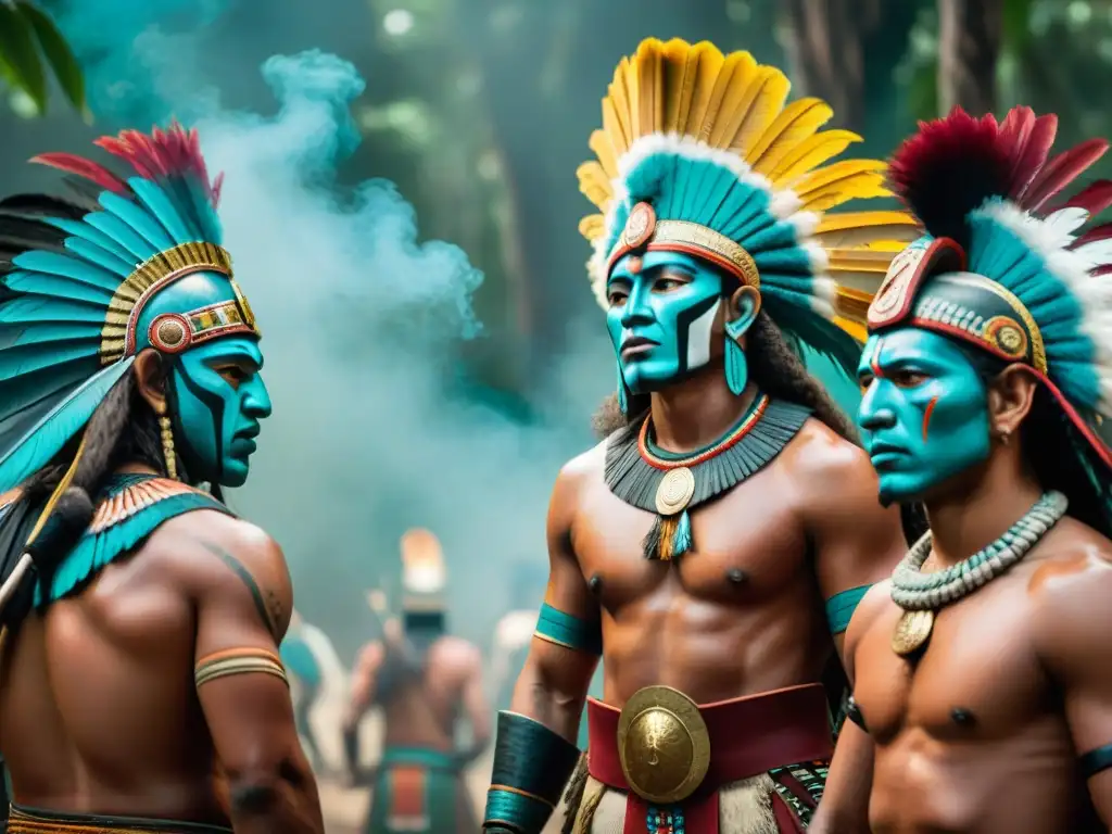 Rituales de guerra maya: Guerreros mayas con tocados de plumas, pinturas de guerra y armas rituales, en un círculo ceremonial en la selva