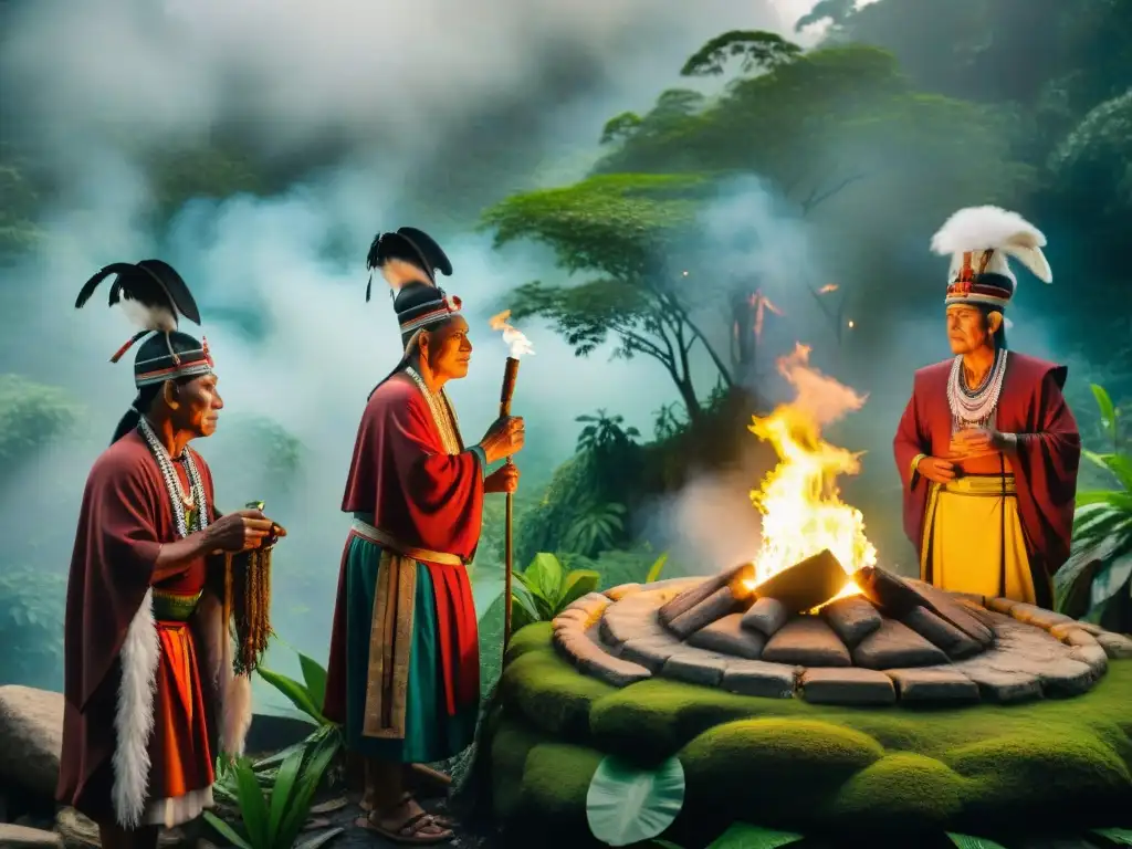 Rituales de iniciación maya significado: Ancianos mayas realizando ceremonia sagrada en la selva con antorchas y joyas