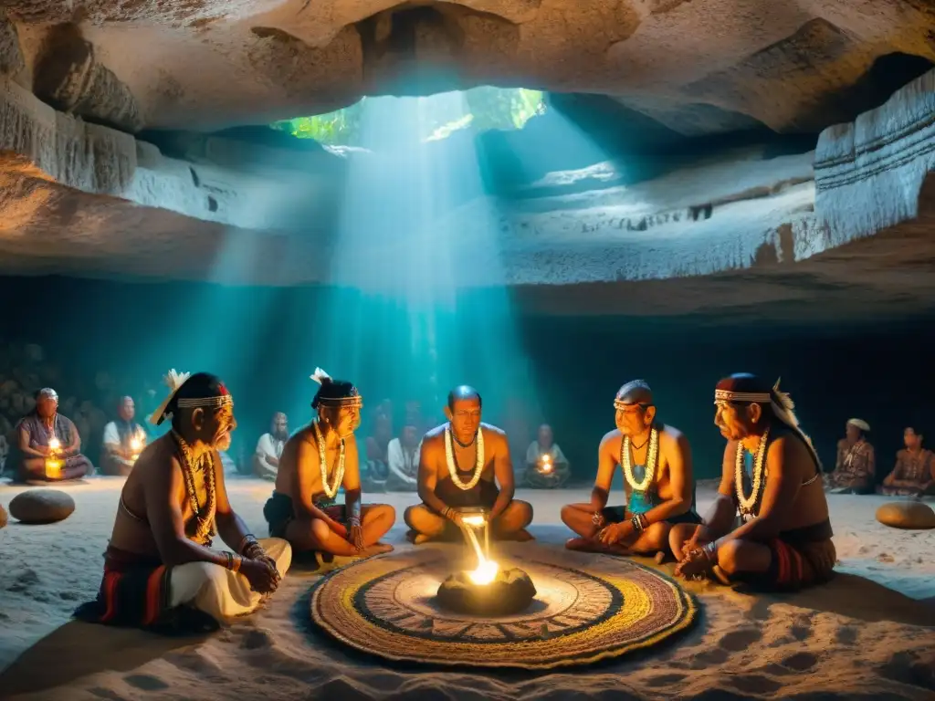 Rituales de iniciación maya significado: Mayores mayas realizan ancestral ritual en cueva sagrada iluminada por rayos de luz