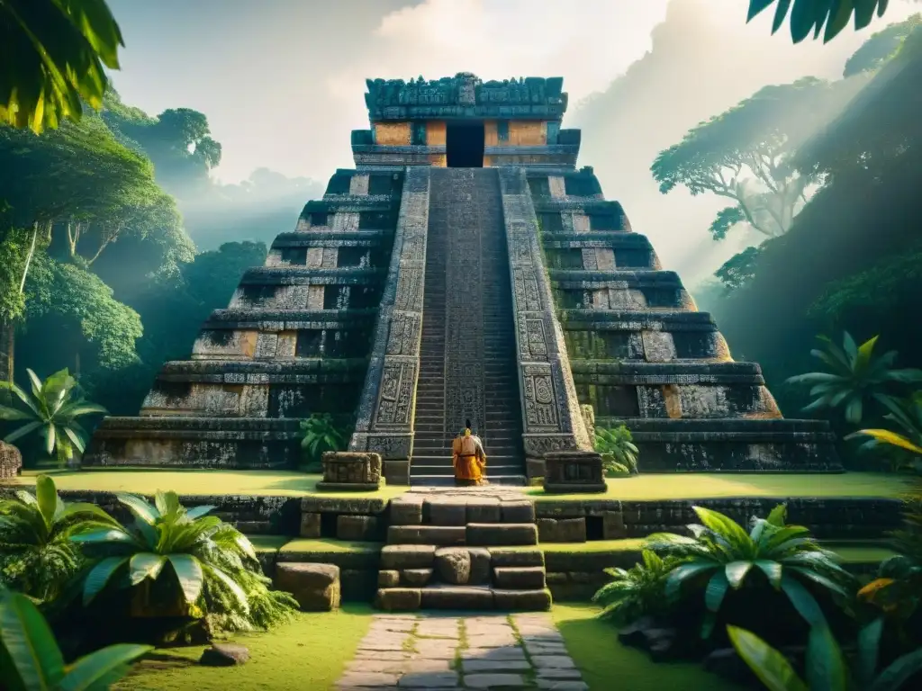 Rituales de autosacrificación maya: Templo maya antiguo con tallados y hieroglíficos, rodeado de exuberante vegetación selvática