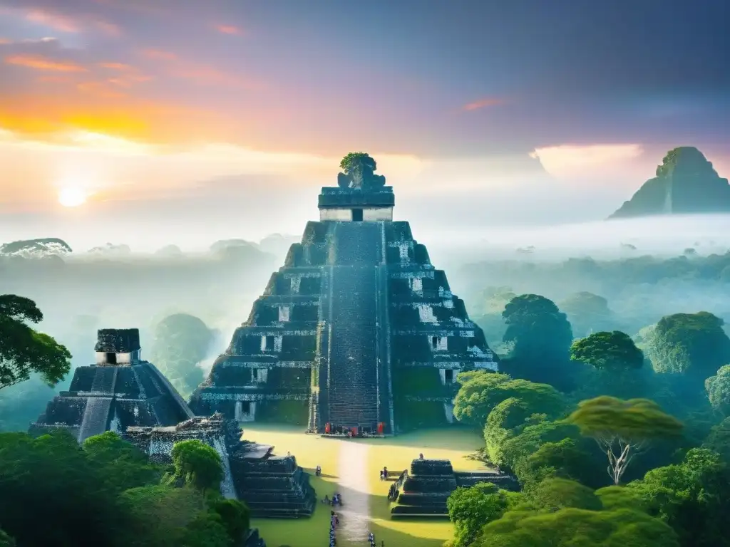 Rituales mayas en el amanecer del solsticio de verano en Tikal, con pirámides silueteadas y sacerdotes en ceremonia