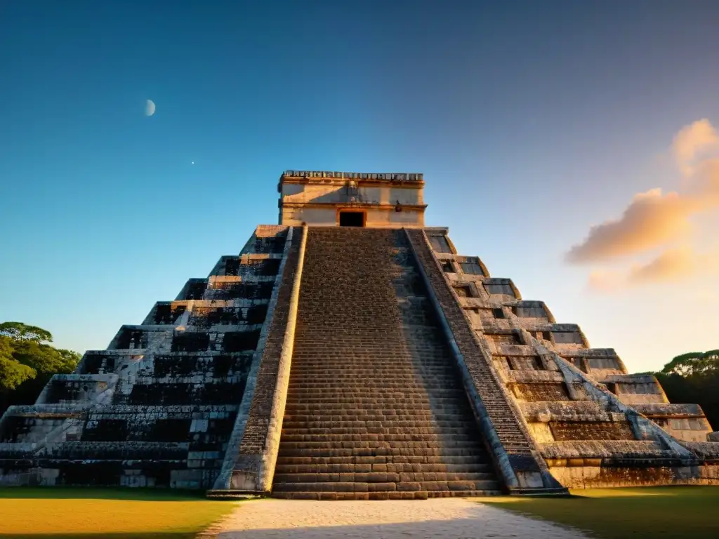 Rituales mayas en El Castillo de Chichen Itza al atardecer, simetría perfecta y conexión con el cielo estrellado