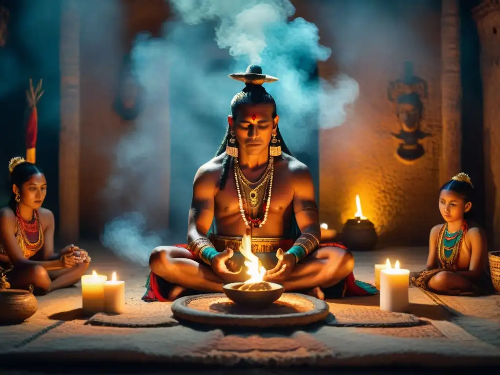 Ritual maya de adivinación: chaman en acción Rituales mayas de adivinación: Un chamán maya realizando un ritual ancestral con velas y copal en un espacio ceremonial