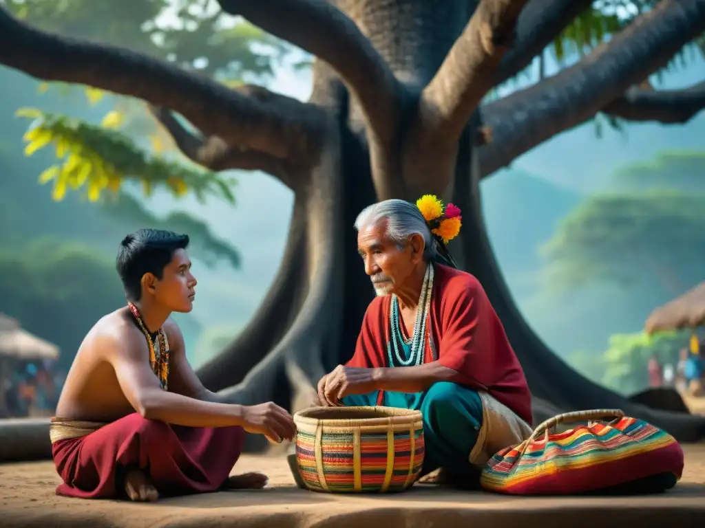 La transmisión de rituales mayas generaciones en una escena de profunda conexión cultural y sabiduría en un mercado guatemalteco