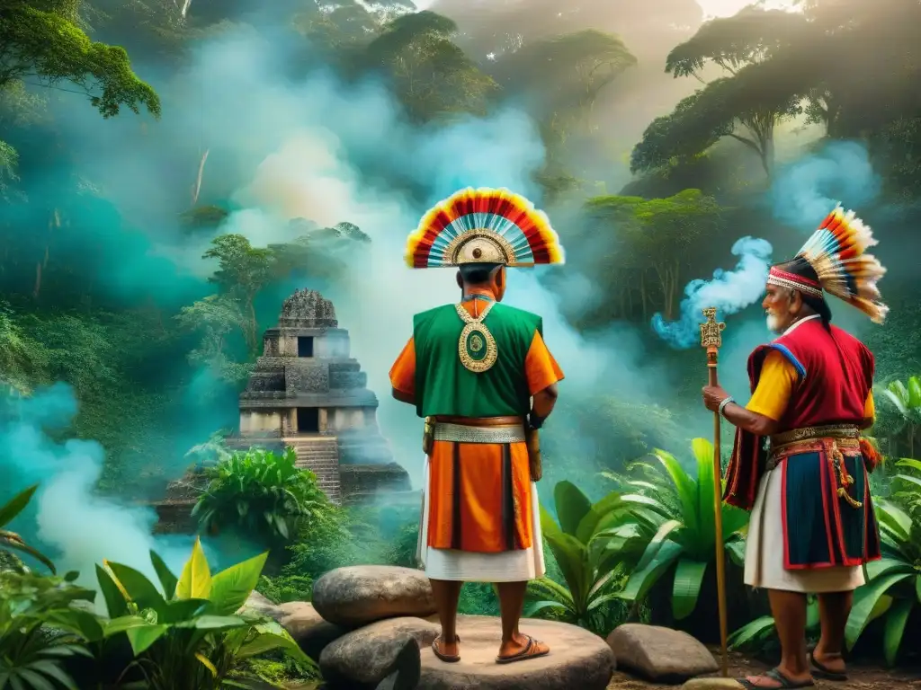 Transmisión de rituales mayas generaciones: Mayas ancianos realizan ritual en selva