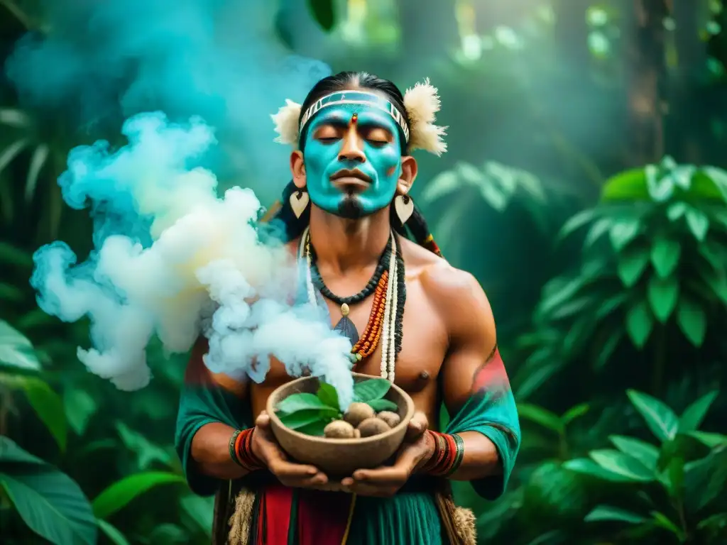 Rituales de curación chamanes mayas en la selva: un chamán maya realiza un ritual entre ruinas antiguas y exuberante vegetación